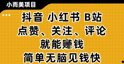 小而美的项目，抖音小红书B站视频点赞、关注、评论就能挣钱，简单无脑立见收益，妥妥的零撸项目【揭秘】-米落轻创