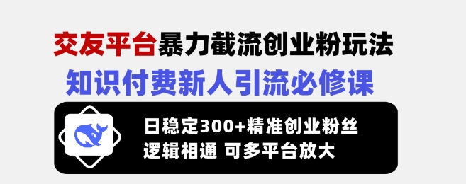 交友平台暴力截流创业粉玩法，知识付费新人引流必修课，日稳定300+精准创业粉丝，逻辑相通可多平台放大-米落轻创