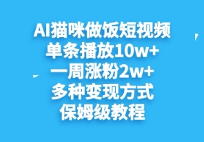 AI猫咪做饭短视频，单条播放10w+，一周涨分2w+，多种变现方式，保姆级教程-米落轻创