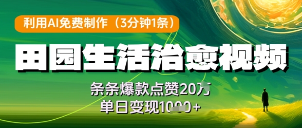 利用AI免费制作田园生活治愈视频，条条爆款点赞20W，单日变现几张-米落轻创