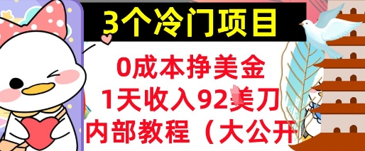 3个冷门项目，0成本挣美金，1天收入92刀，超简单， 内部教程(首次公开)-米落轻创