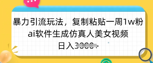 暴力引流玩法，复制粘贴一周1w粉，ai软件生成仿真人美女视频，日入多张-米落轻创