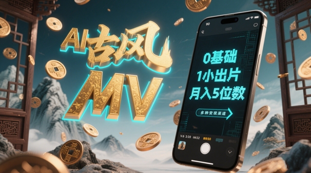 AI一键生成古风音乐MV，0剪辑基础1小时出片，多种变现渠道，一部手机月入5位数-米落轻创