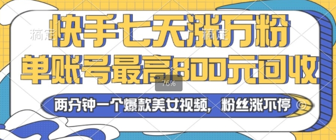 2024年快手七天涨万粉，但账号最高800元回收，两分钟一个爆款美女视频-米落轻创