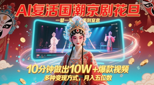 AI复活国潮京剧花旦，一颦一笑美到窒息，10分钟做出10W+爆款视频，多种变现方式，月入五位数-米落轻创